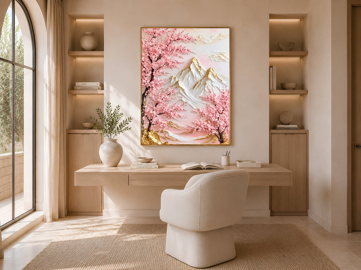 Gold-framed cherry blossom mountain wall art on a console table near an arched doorway