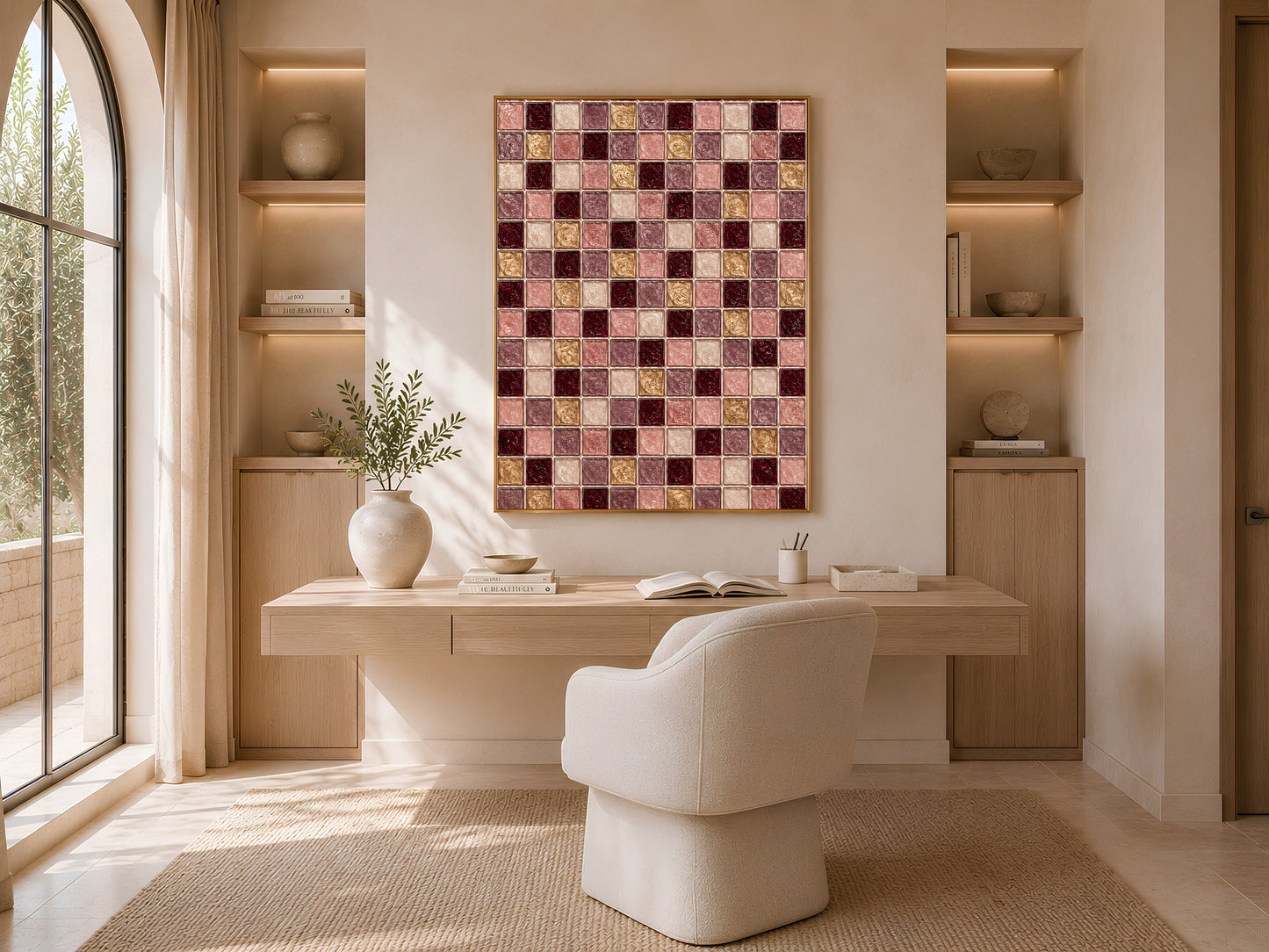 Burgundy gold mosaic tile wall art print framed above a boucle chair near arched windows
