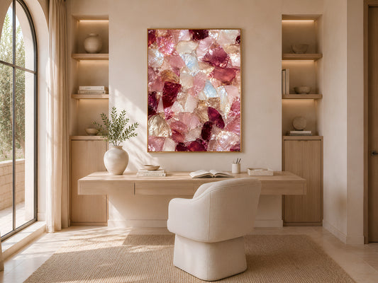 Pink crystal abstract print framed above a wooden desk and boucle chair in a home office with an arched window