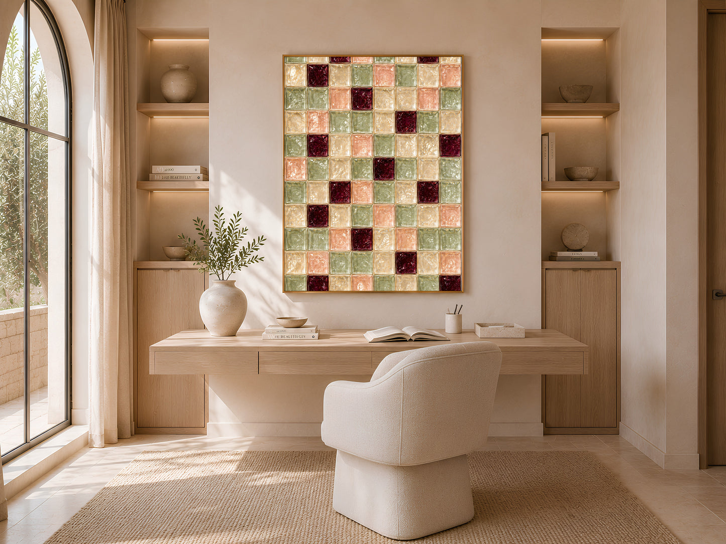 Sage green tile print framed above a desk in a sunlit home office