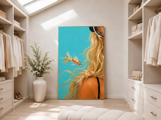 Ocean woman figurative print in gold frame displayed in a bright neutral walk-in wardrobe with open shelving and skylight
