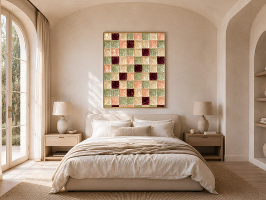Sage green tile art framed above a bed in a sunlit arched bedroom