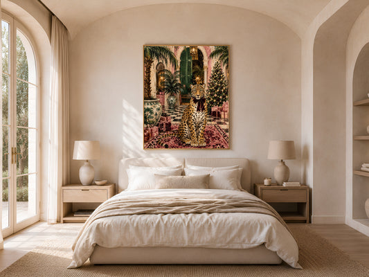 Leopard Christmas wall art framed above a bed in a neutral arched bedroom