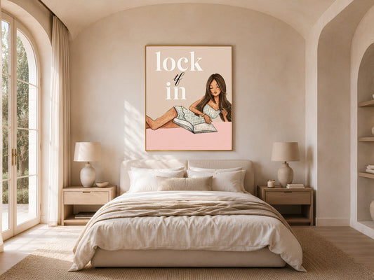 Lock TF In printable wall art hung in a sunlit bedroom with arched window, funny study motivation print for dorm or bedroom decor
