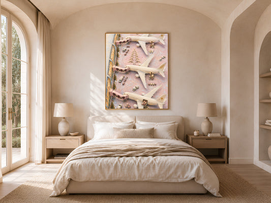 Pink Christmas airplane painting above bed in sunlit bedroom with arched window