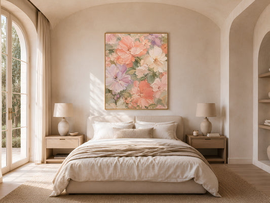 Pastel dahlia peony wall art print framed above a bed in a light-filled arched bedroom