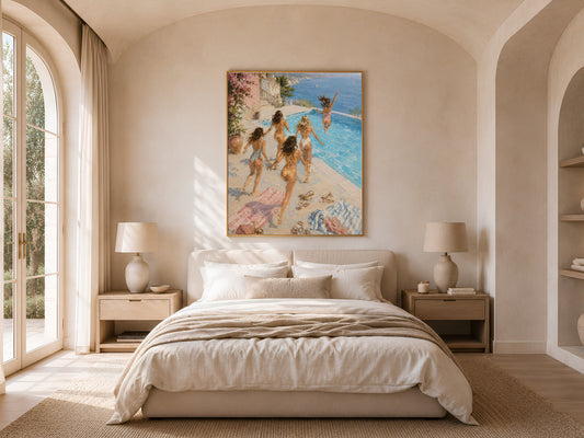 Girls trip pool print framed above a bed in a soft neutral bedroom