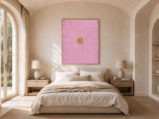 Vintage sun face wall art hung in a sunlit bedroom with arched window, minimalist celestial print for bedroom decor