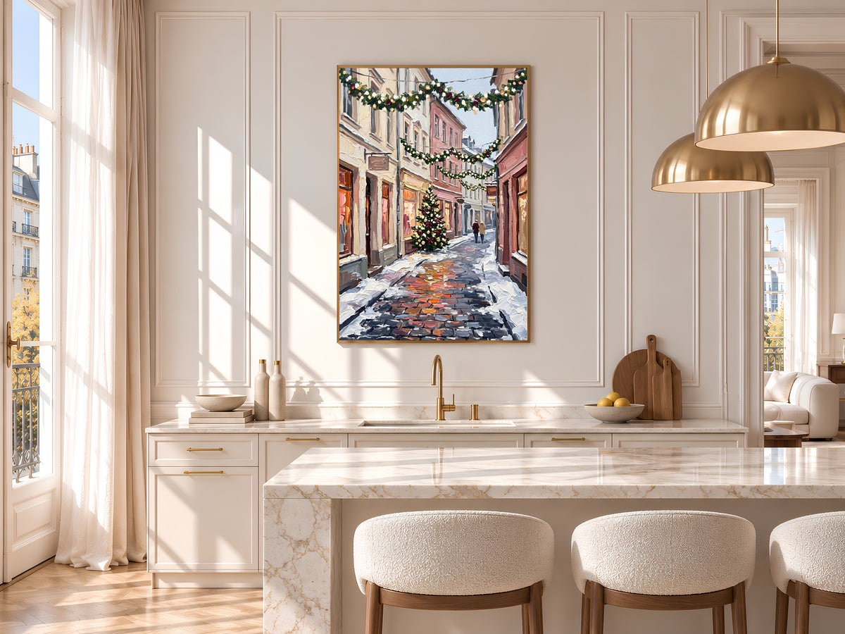 Christmas Street Painting Print, Snowy European Village with Garlands and Christmas Tree, Cozy Holiday Wall Art, Printable Digital Download
