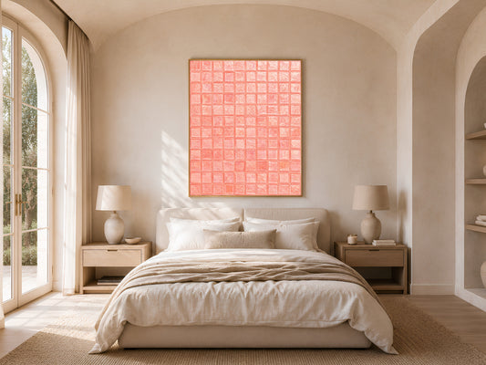 Salmon coral mosaic tile wall art in a gold frame above a bed with warm linen bedding and a rattan lamp in a bright minimal bedroom with arched windows