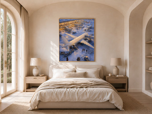 Airplane wall art print above bed in sunlit bedroom with arched window
