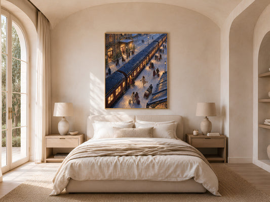 Vintage Christmas wall art above bed in sunlit bedroom with arched window