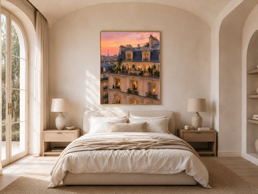 Rooftop dinner party painting above bed in sunlit bedroom with arched window