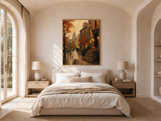 Bedroom with the brownstone Halloween print above a bed with white linens, framed by arched doorways and doubled nightstand lamps