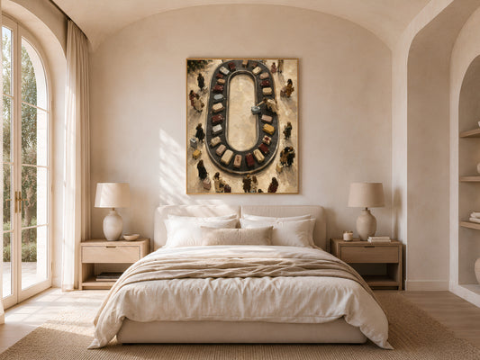 Luggage carousel print framed above bed in sunlit bedroom with arched window