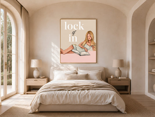 Lock TF In printable wall art hung in a sunlit bedroom with arched window, funny study motivation print for dorm or bedroom decor