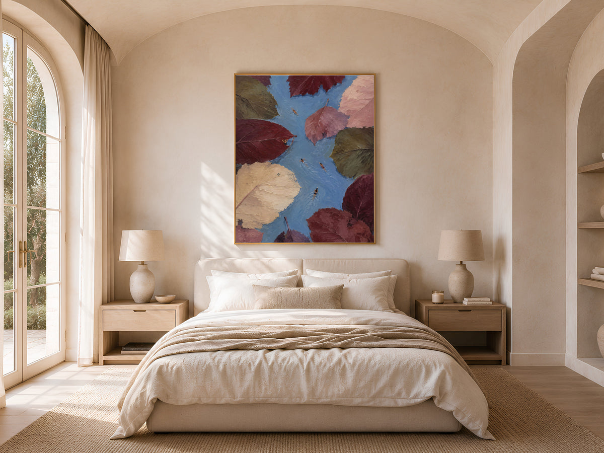 Aerial swimmer wall art framed above bed in warm neutral arched bedroom decor