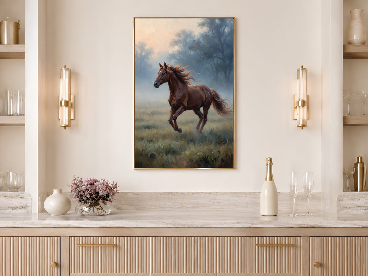Chestnut Horse Wall Art, Running Horse Oil Painting Print - Digital Download
