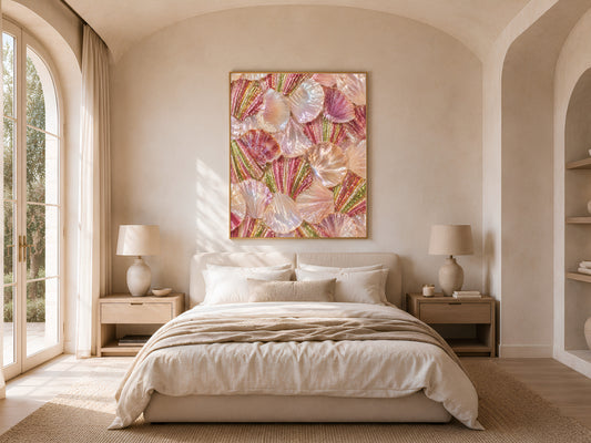 Iridescent shell wall art hung in a sunlit bedroom with arched window, pearlescent seashell painting for coastal bedroom decor