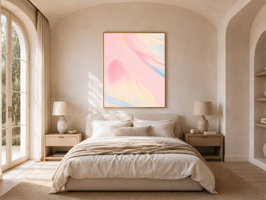 Pastel abstract ribbon print above a bed in a soft, arched bedroom with linen bedding