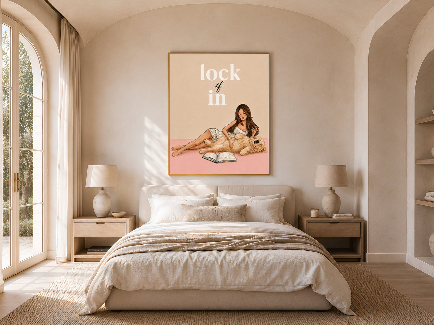 Lock TF In printable wall art hung in a sunlit bedroom with arched window, funny study motivation print for dorm or bedroom decor