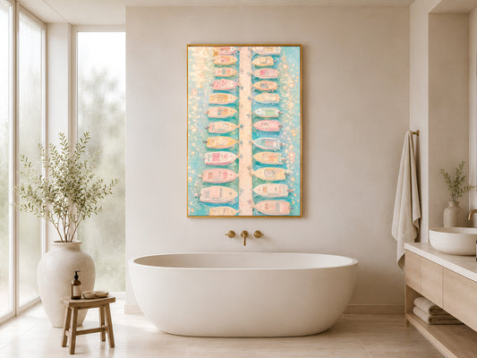 Pastel boat dock print in gold frame hung in a minimal white bathroom with freestanding bathtub and wood stool