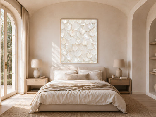 White capiz shell wall art framed above a bed in a warm neutral bedroom with arched windows