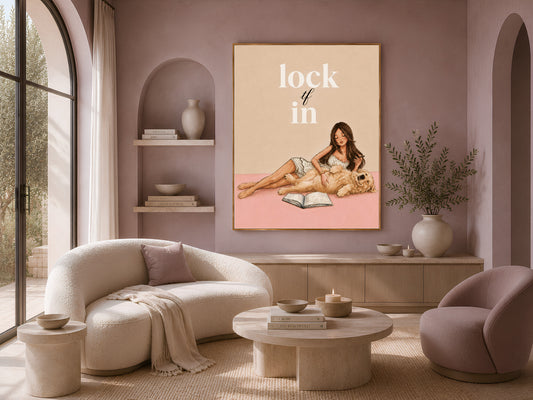 Lock TF In printable wall art framed above a cream boucle sofa in a neutral living room, coquette aesthetic study motivation print