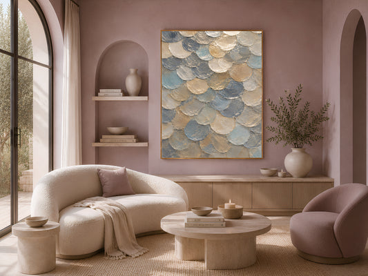 Framed capiz shell mosaic wall art above a curved sofa in a sunlit living room with a round coffee table