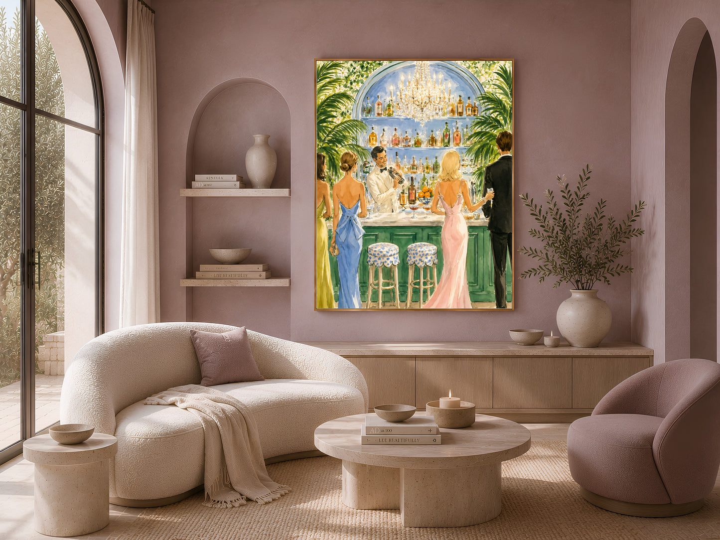 Framed cocktail party watercolor print above a cream sofa and armchair in a bright living room.