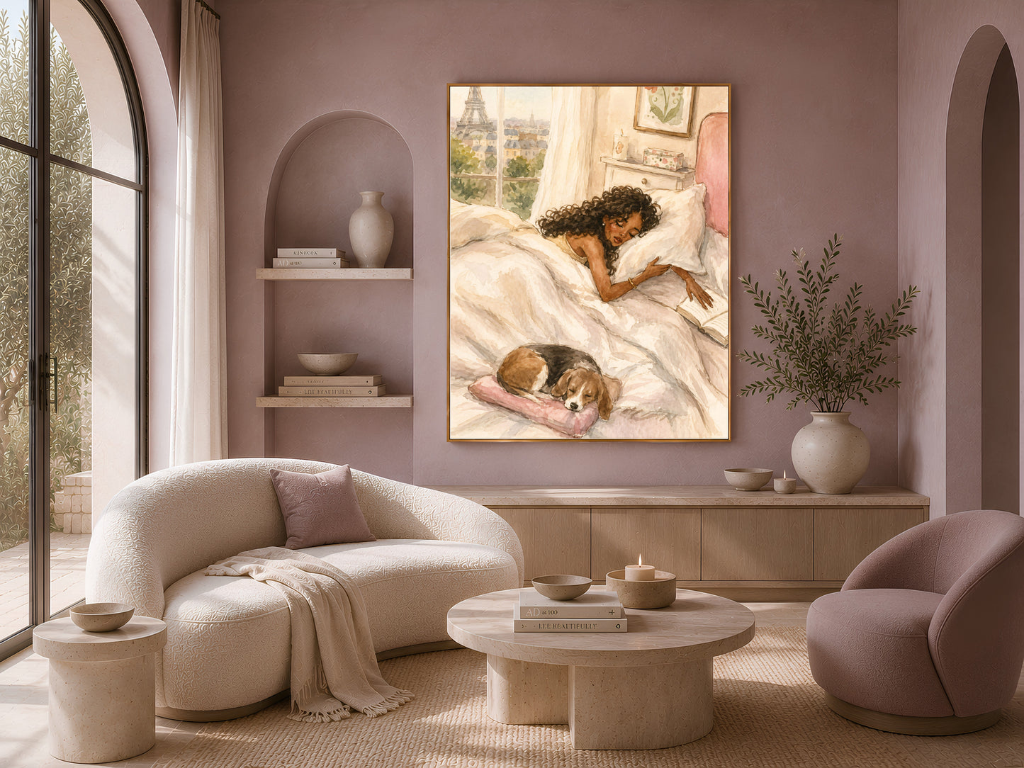 Framed romantic Paris illustration print above a curved boucle sofa