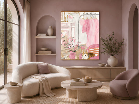 Coquette bedroom painting in a gold frame above a mauve wall in a living room with a curved boucle sofa