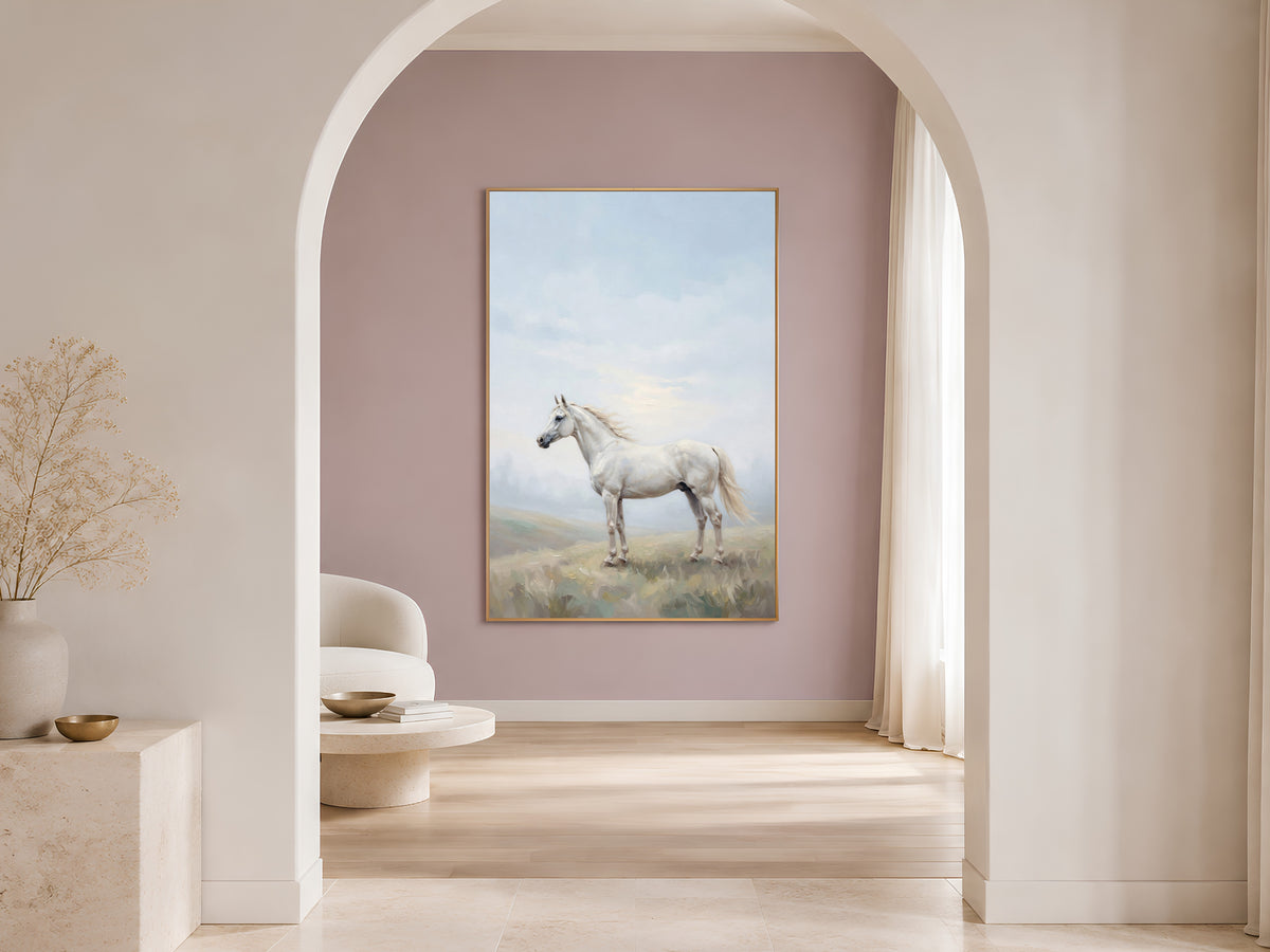 White Horse Wall Art, Misty Hills Oil Painting Print - Digital Download