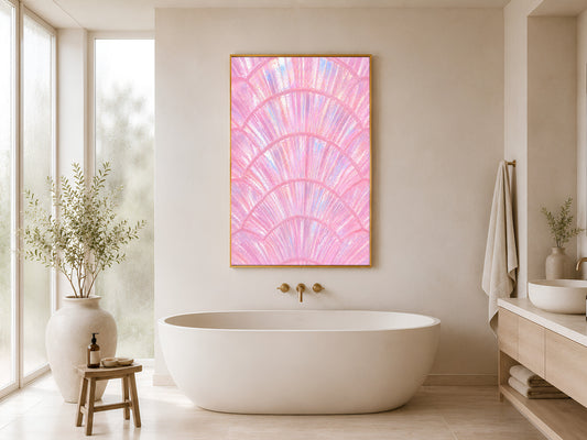 Pink capiz shell wall art in gold frame hung in a minimal white bathroom with freestanding bathtub and wood stool