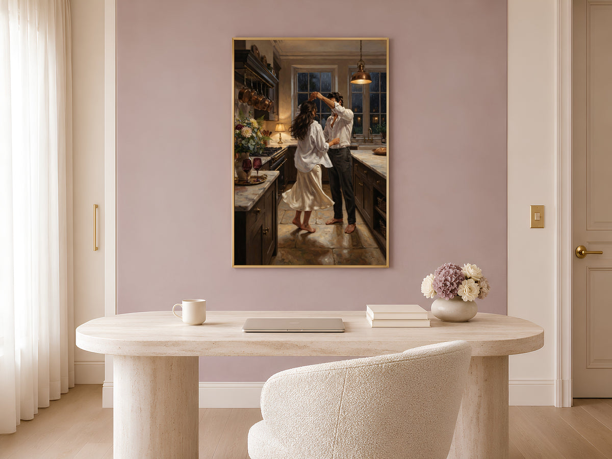 Couple Dancing Kitchen Painting, Romantic Rainy Night Wall Art - Digital Download