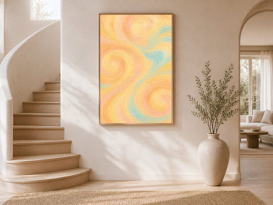 Pastel swirl abstract wall art print framed on a curved staircase wall with arched doorway and a stoneware vase.