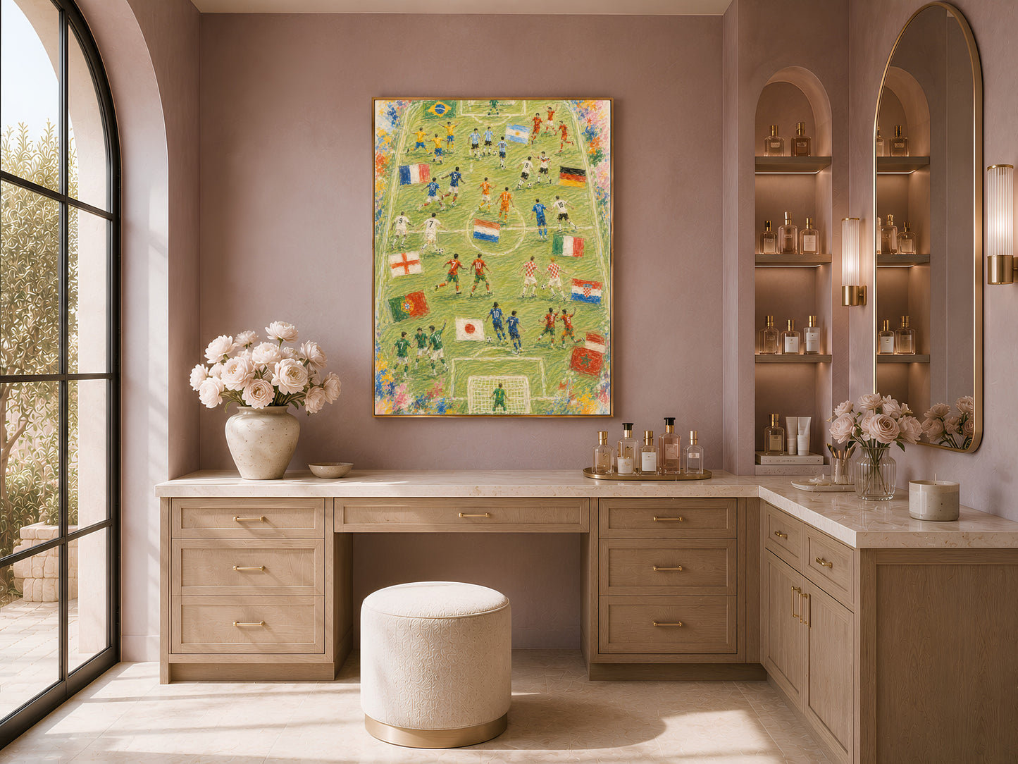 Soccer World Cup painting print framed above bedroom vanity, football wall art home decor