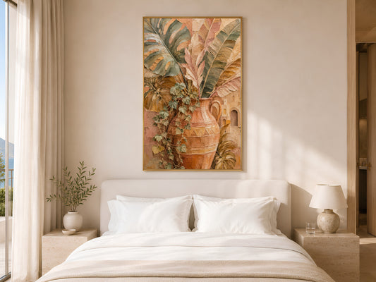 Terracotta botanical vase print in gold frame above white bed in calm neutral bedroom with soft lighting