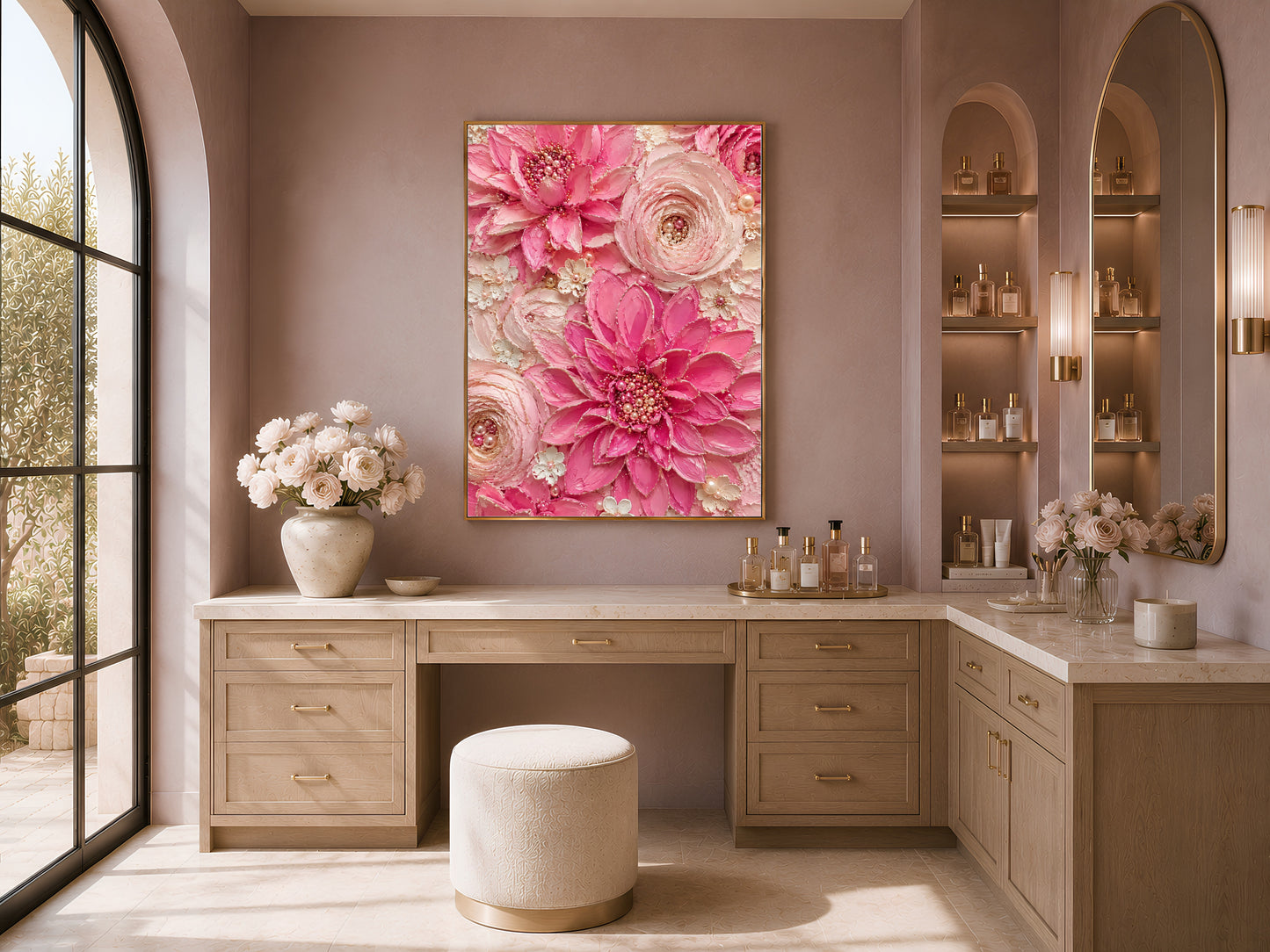 Hot pink dahlia wall art displayed above a wooden vanity with built-in shelving