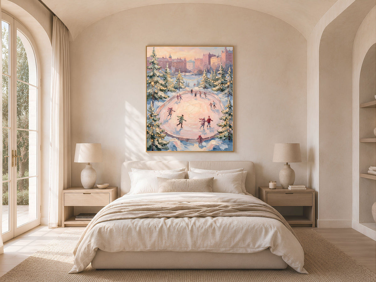 Ice Skating Rink Wall Art, Pink Sky Winter Print - Digital Download