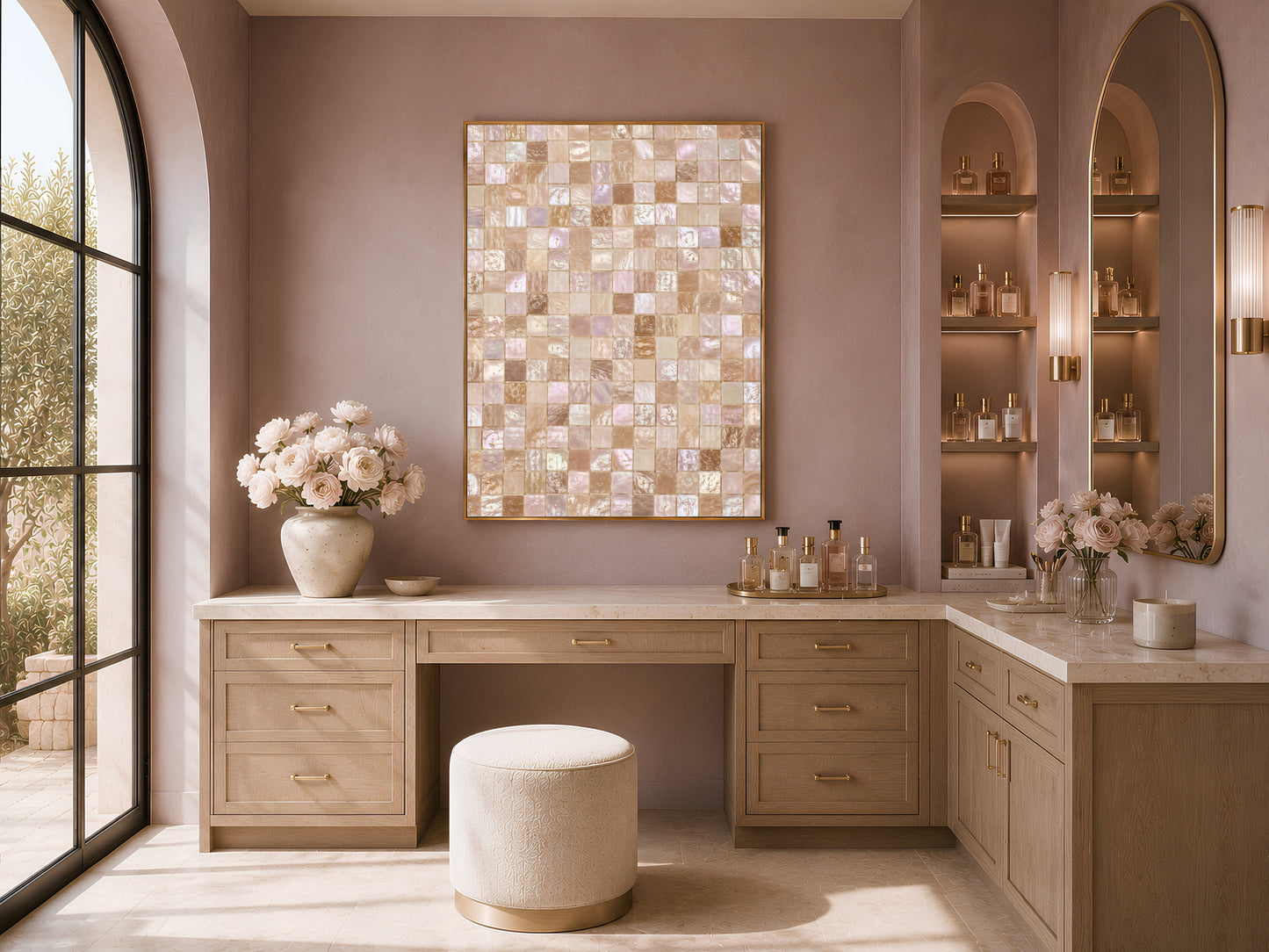 Framed iridescent mosaic tile print above a wood vanity nook with flowers and a mauve accent wall.