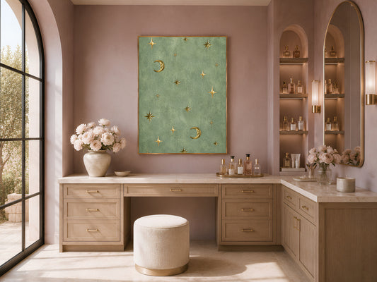 Vintage celestial moon and stars wall art displayed above a vanity desk with arched shelving, sage green gold astrology print