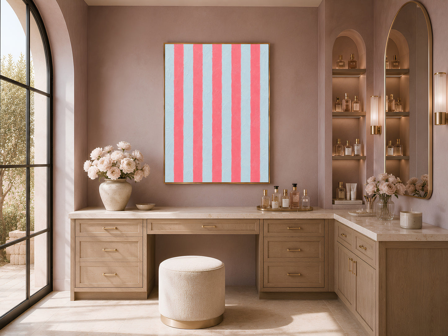 Framed pink blue stripe print above open shelving in a warm neutral kitchen
