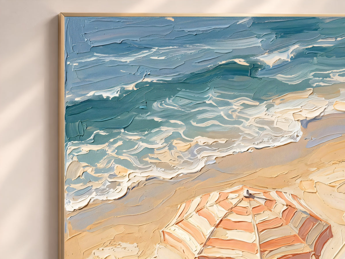Beach Umbrella Painting Print, Striped Parasol Seaside Art, Textured Coastal Wall Art, Printable Digital Download
