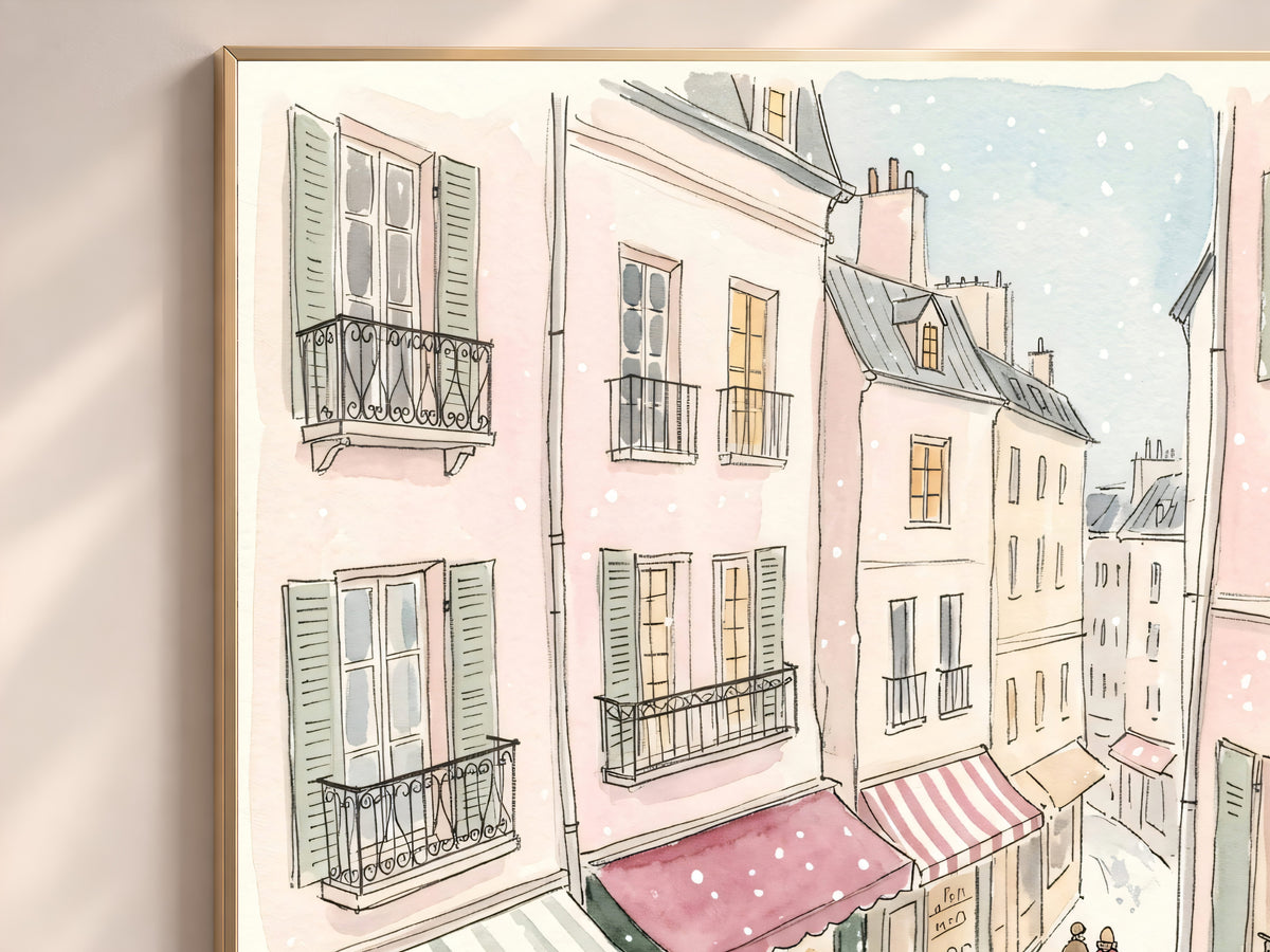 Christmas Flower Market Print, Snowy Paris Street Watercolor, Pastel Pink Holiday Art, Digital Download