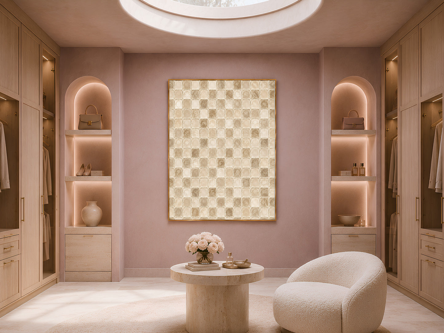 Cream mosaic wall art framed in a cozy living room nook with built-in shelving and warm mauve walls