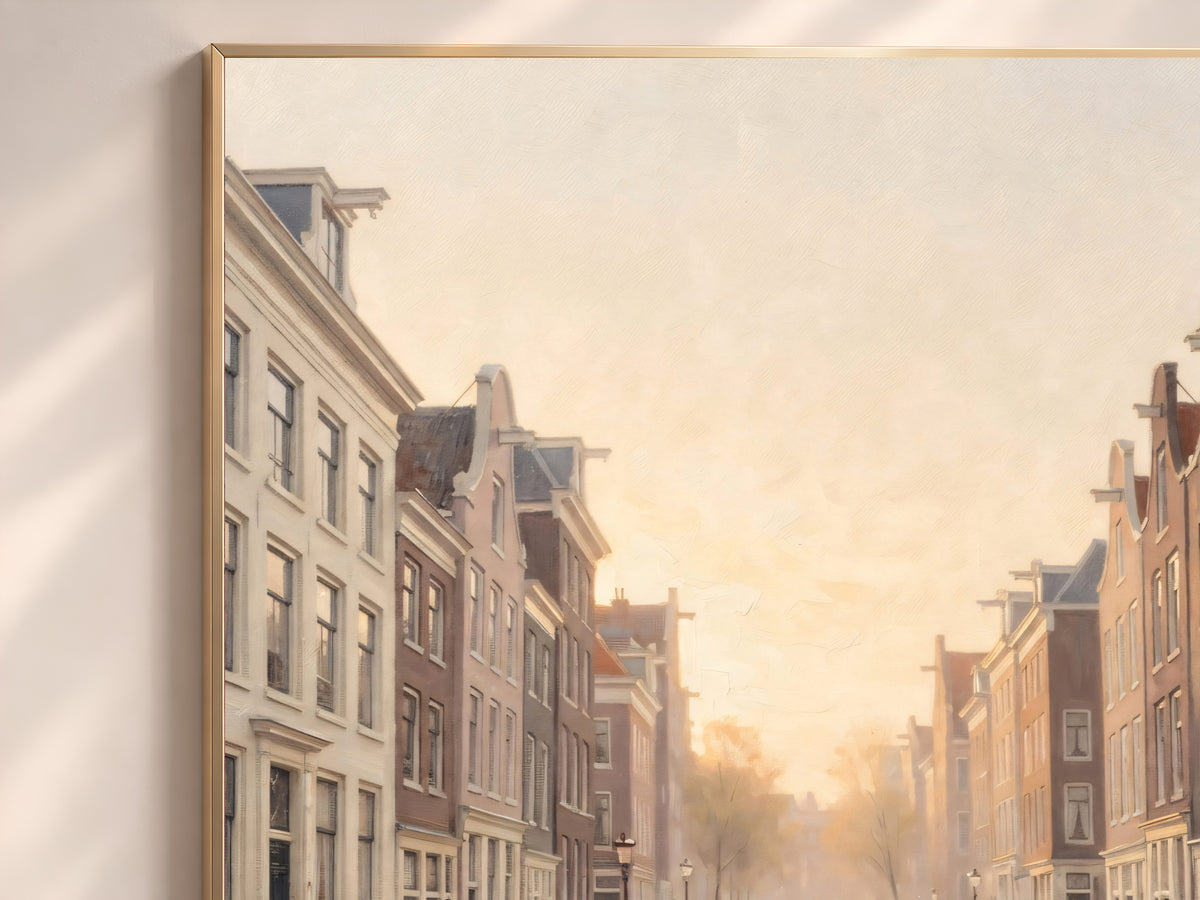 Dutch Canal Painting Print, Soft Golden Hour City Art, Neutral European Canal Wall Art, Printable Digital Download