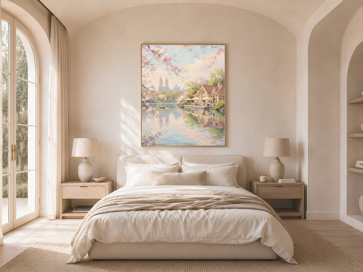 Central Park Cherry Blossom Wall Art, Boathouse Oil Painting Print - Digital Download