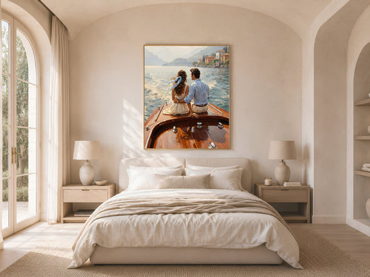 Lake Como Wall Art, Couple on Vintage Boat Painting, Italian Riviera Print, La Dolce Vita Decor, Anniversary Gift, Digital Download