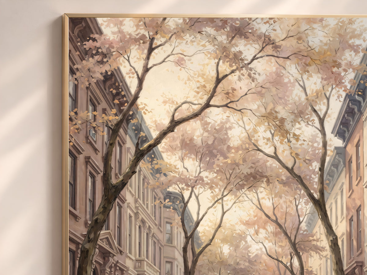 Autumn Brownstone Street Painting Print, Vintage Fall City Art, Pastel Tree Lined Street Wall Art, Digital Download